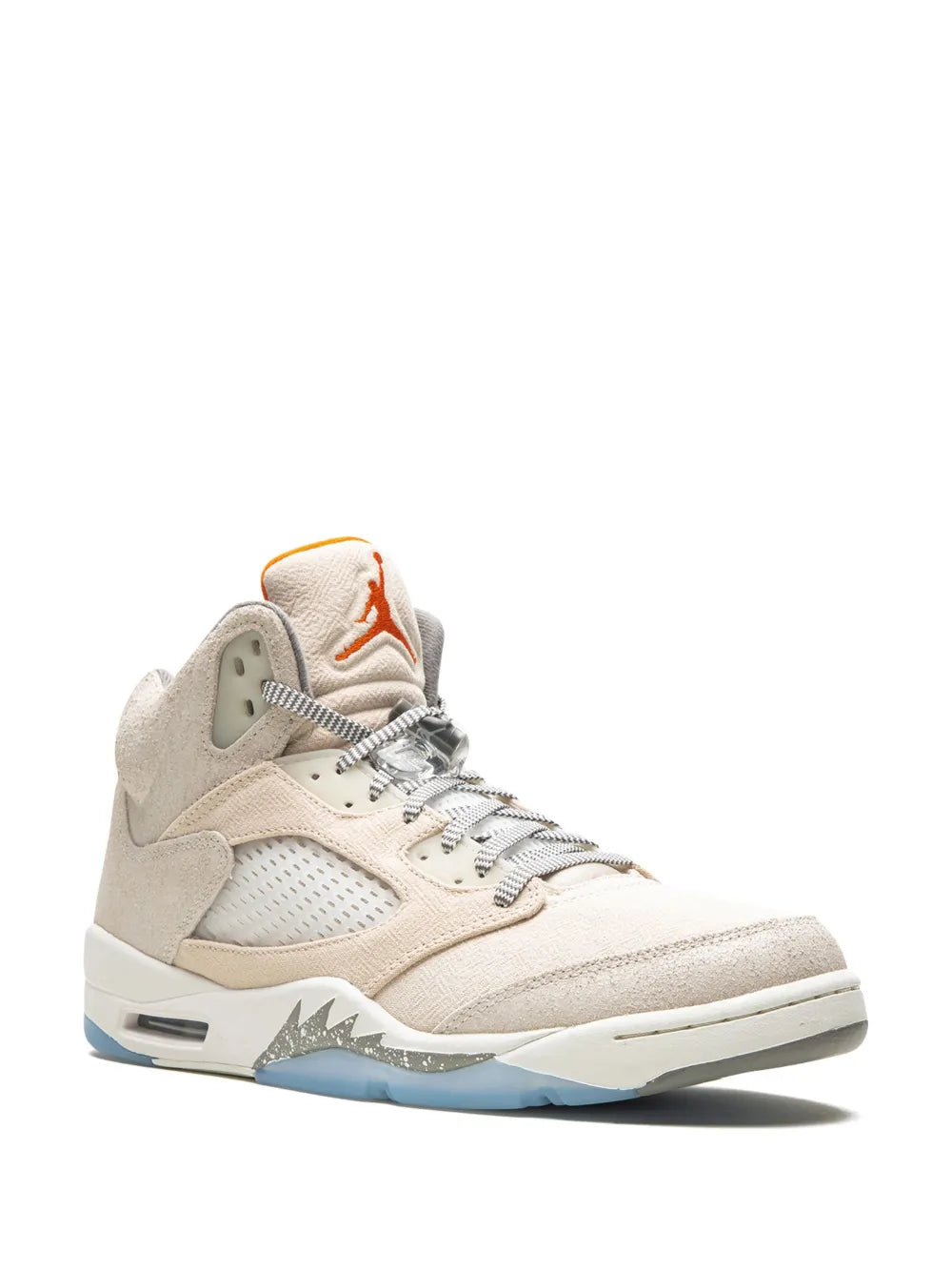 Beige Air Jordan 5 high-top sneakers with gray lace panels and orange lining detail