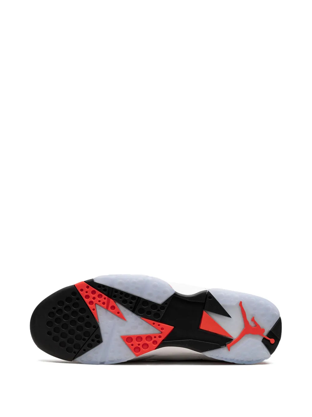 Shoe outsole view with black tread, red accents, and white outsole panels