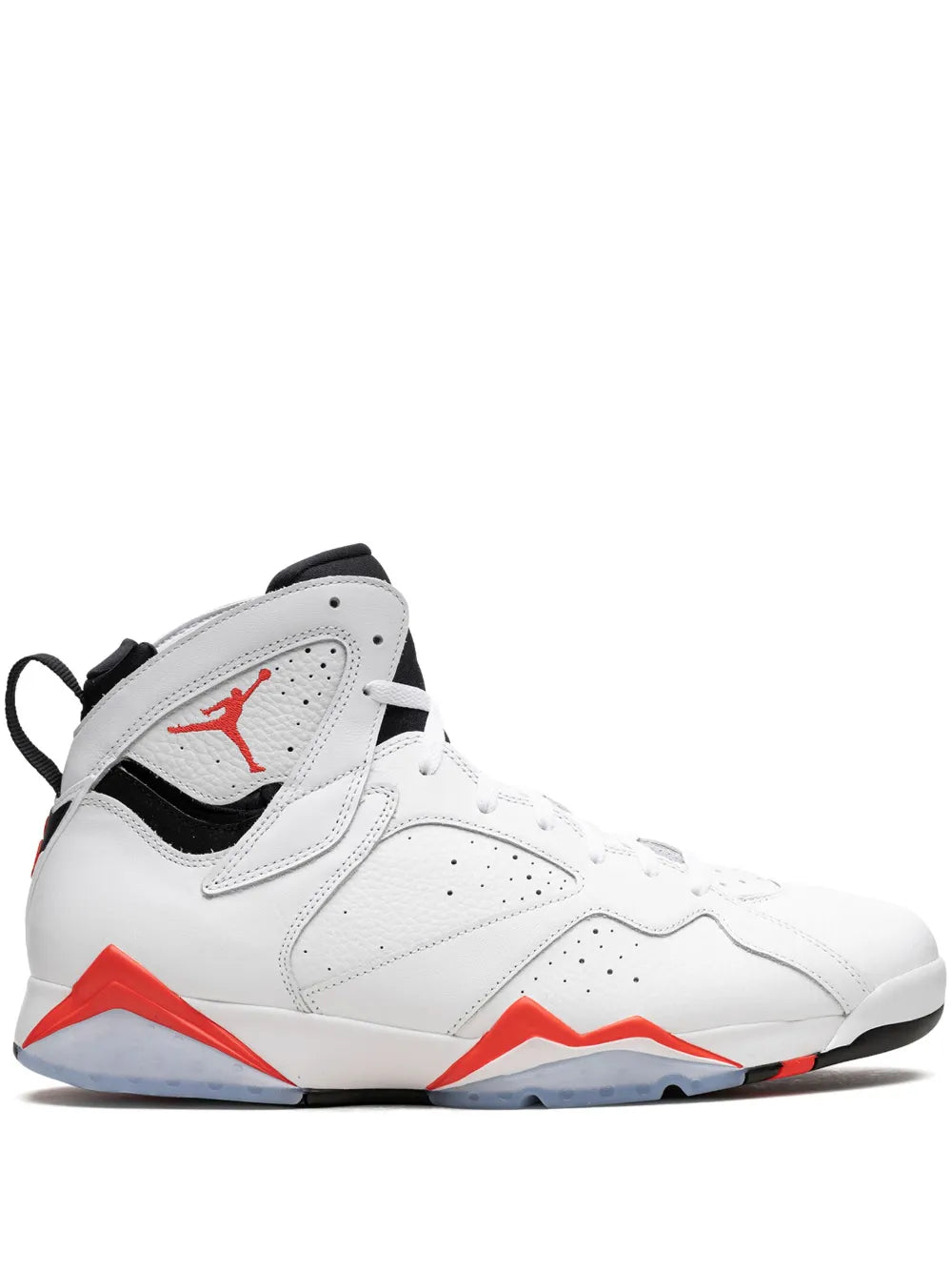 White high-top sneakers with black overlays, red Jumpman logo, and Air Jordan detailing