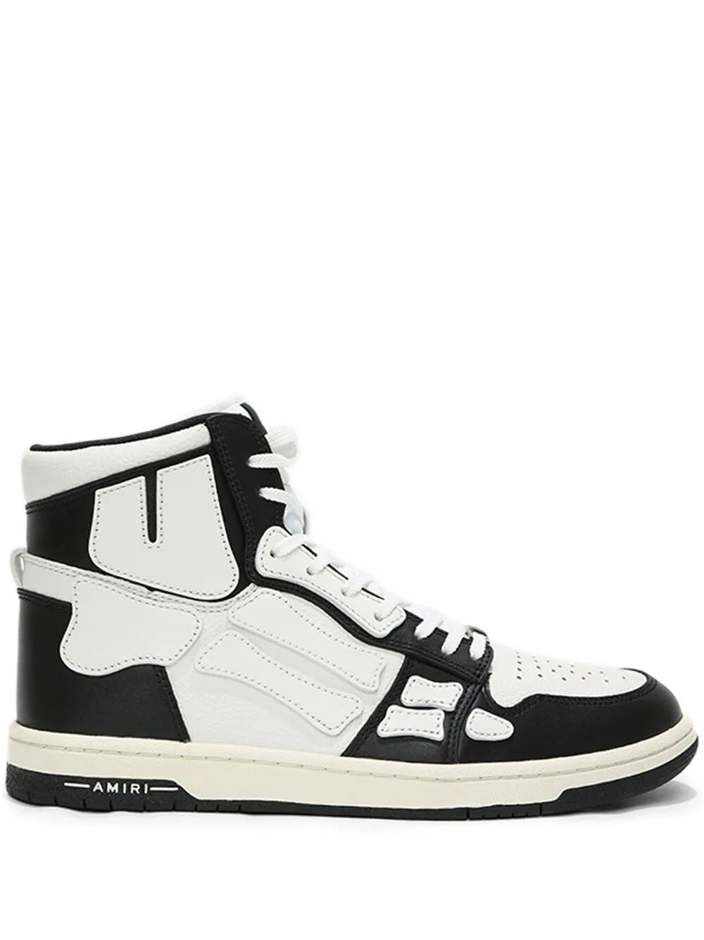 Black and white high-top sneakers with lace-up front and padded collar.