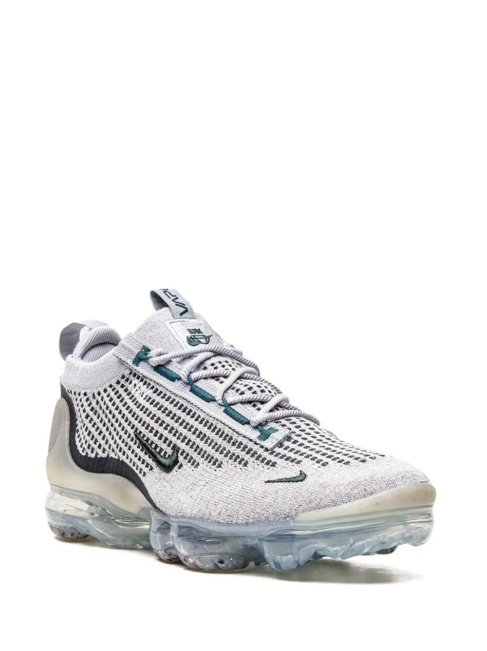 Grey Flyknit sneakers, teal embroidered swoosh, clear Vapormax pods and rubber sole