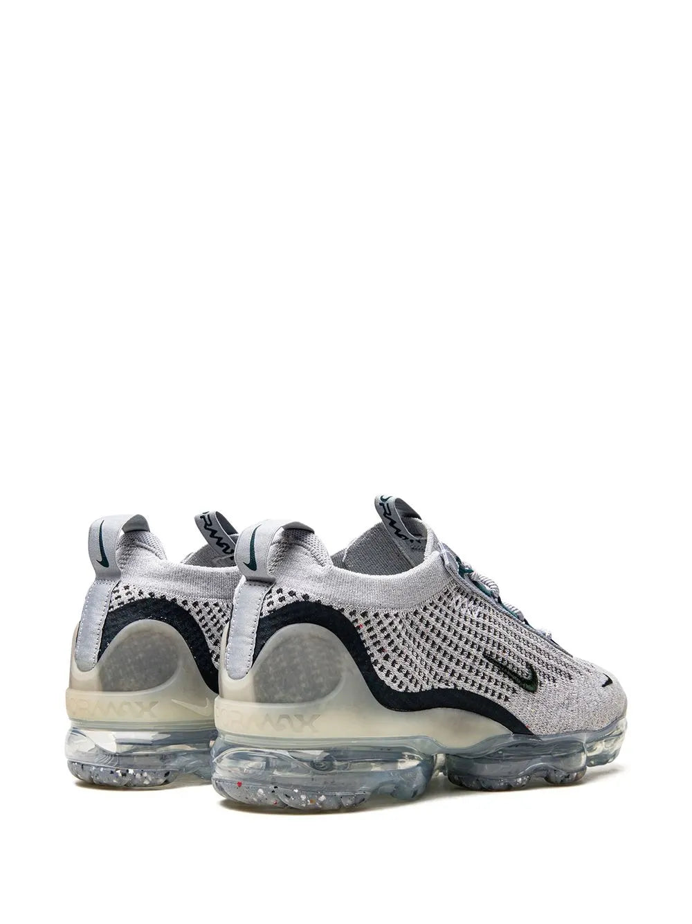Grey Flyknit sneakers with black sock collar, teal swoosh, and Vapormax air pods