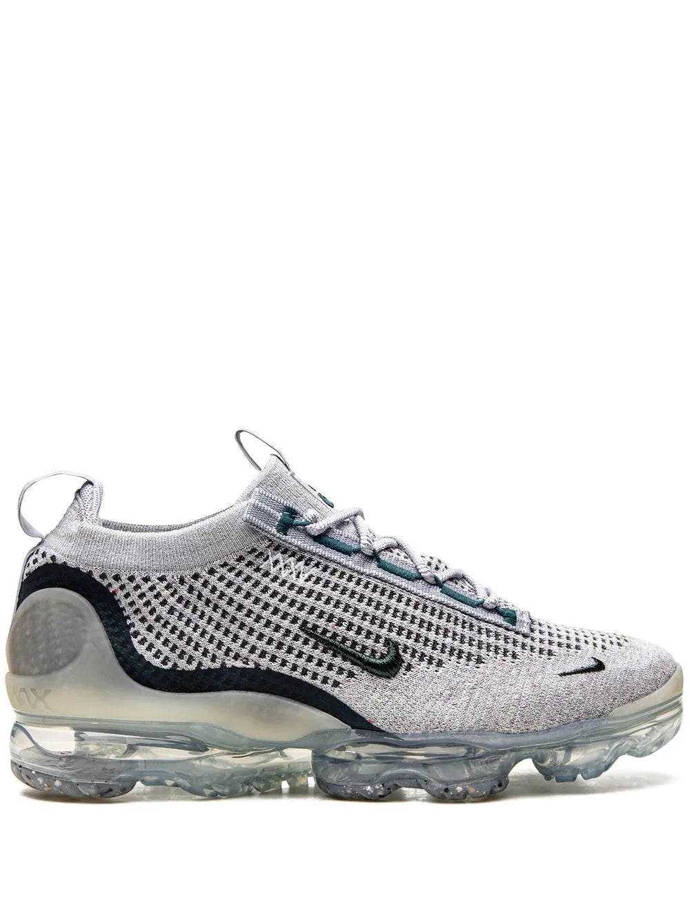 Grey Flyknit sneakers with teal lace accents, black heel panel, Vapormax air sole