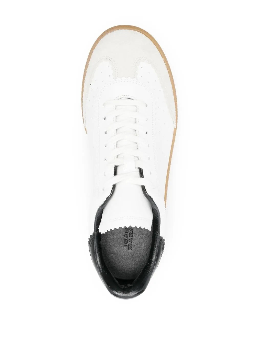 White lace-up sneaker top view with white laces and black interior lining, gum outsole