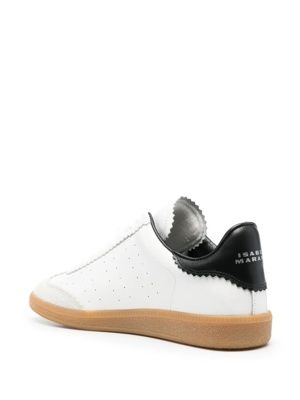 White lace-up sneaker with black heel tab and ISABEL MARANT text, gum sole