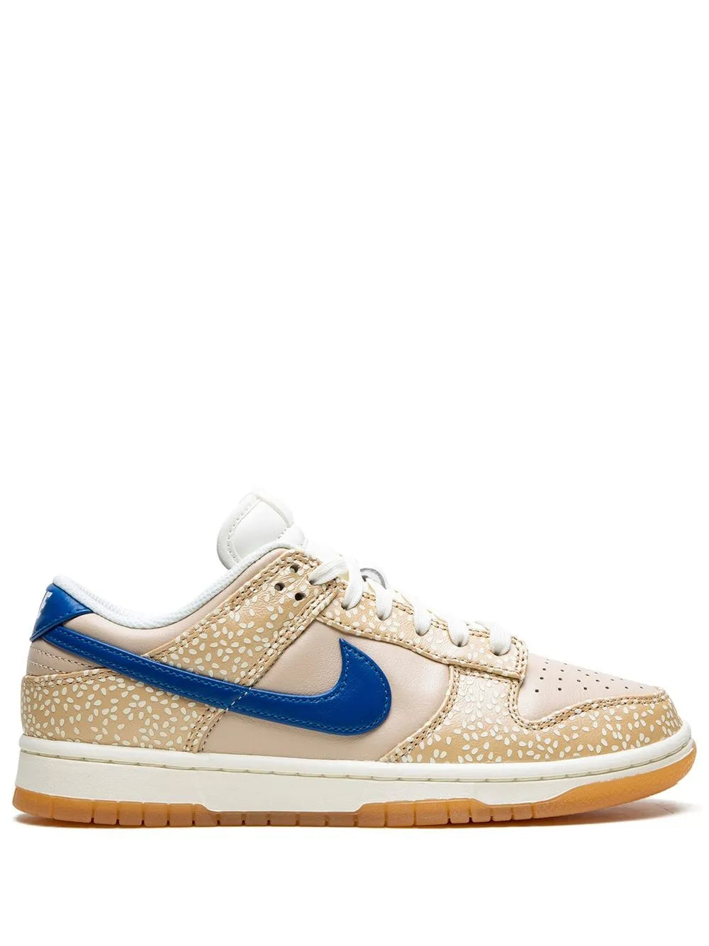 Nike Dunk Low low-top sneakers in tan with blue Swoosh and speckled panels