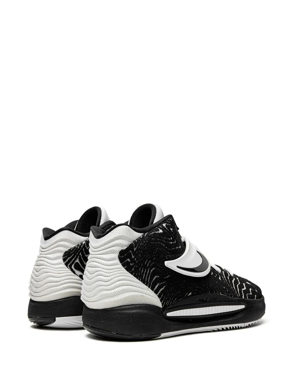 Nike KD14 TB low-top sneakers, black patterned toe with white heel and collar cushioning