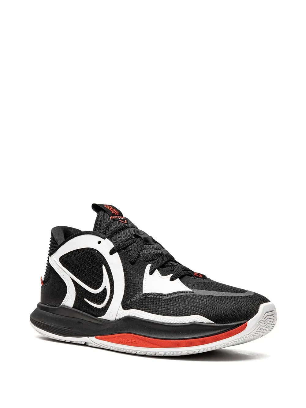 Black low-top sneaker with white swoosh, lace-up front, and orange-red strip sole