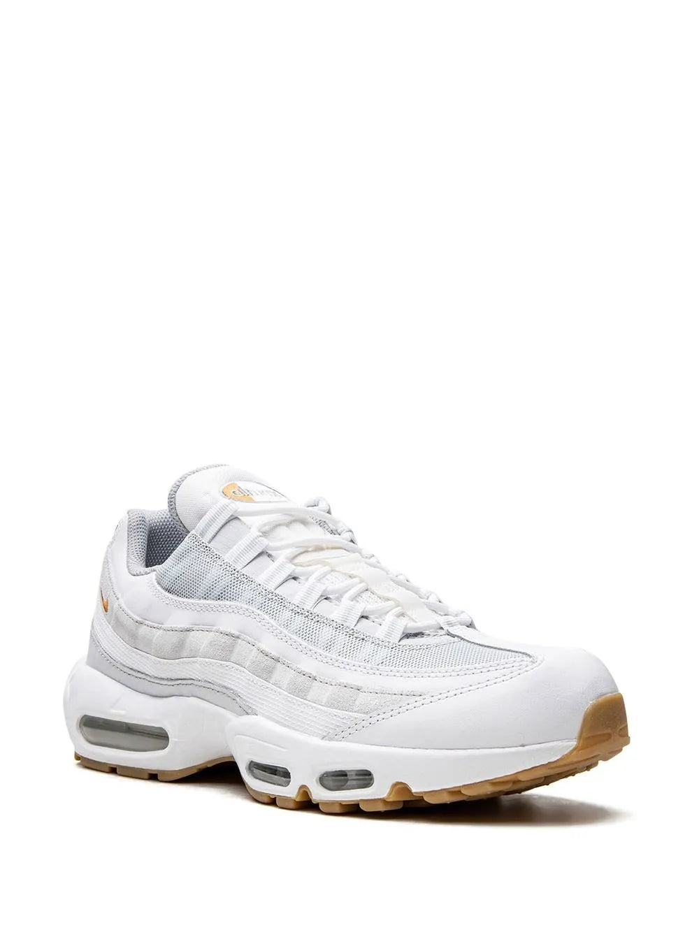 White lace-up running sneaker with gold logo and gum outsole