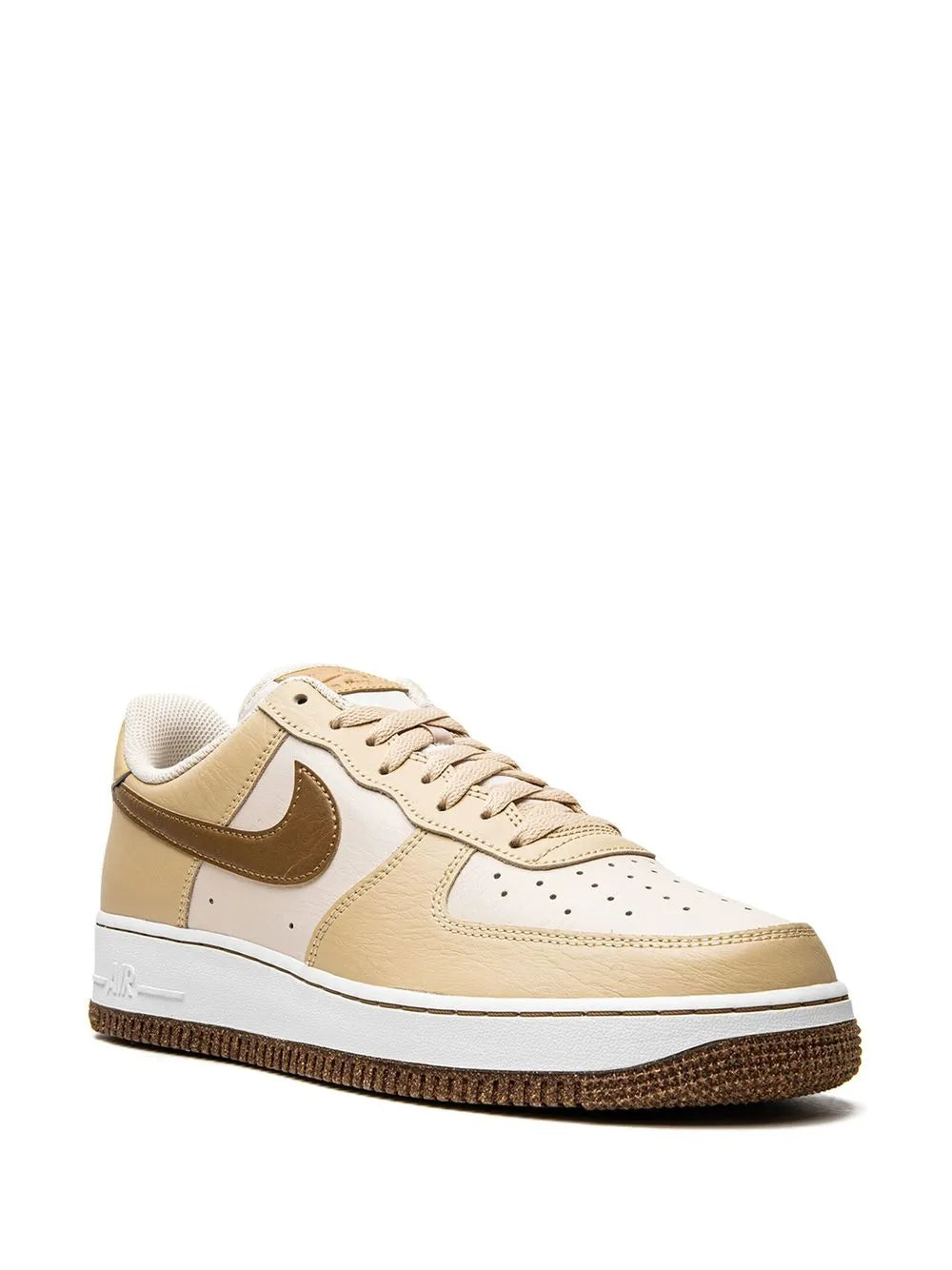 Nike Air Force 1 Low beige sneakers with perforated toe and tan Swoosh, lace-up