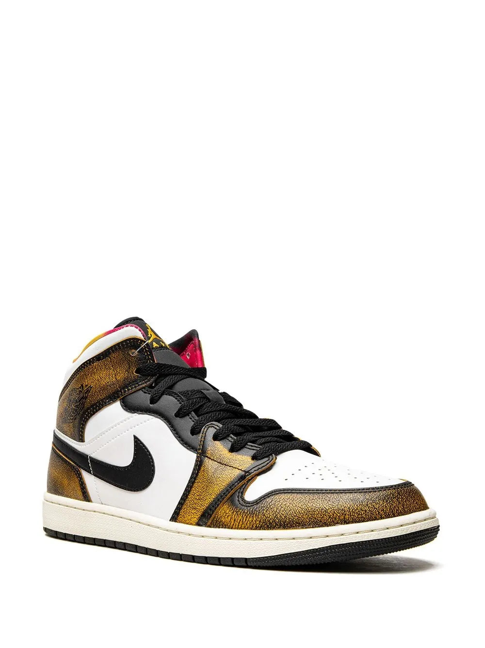 Mid-top sneaker side view with black laces, white toe, black Swoosh, and brown finish