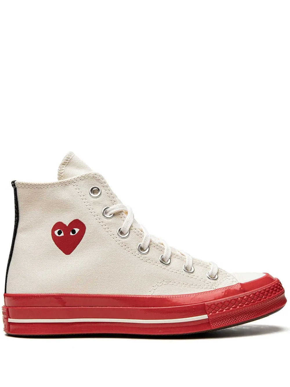 Cream high-top canvas sneaker with red heart logo and red rubber outsole