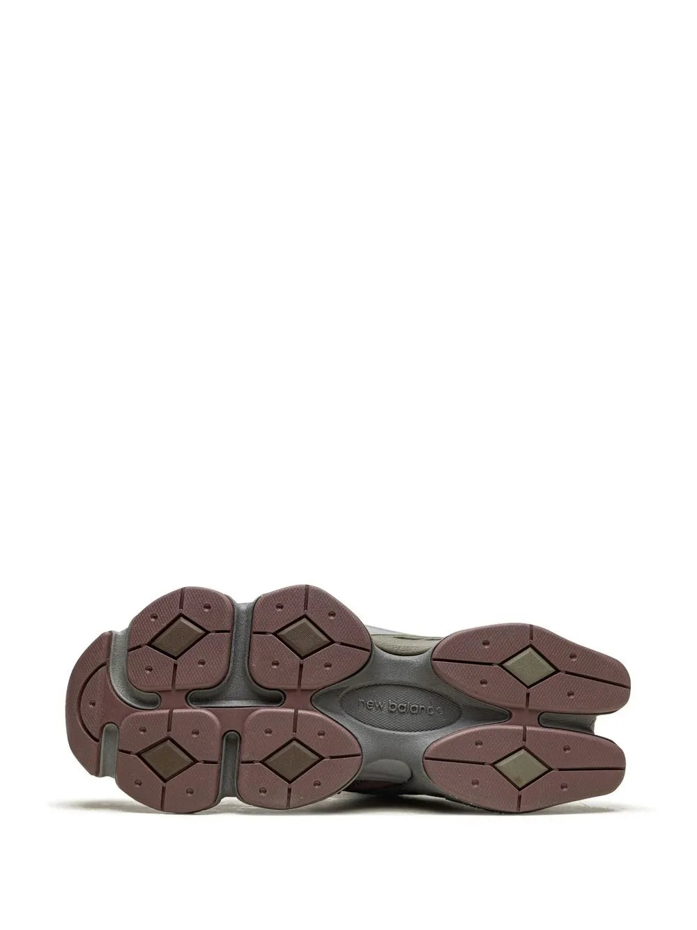 New Balance 9060 outsole with geometric tread, maroon and gray.