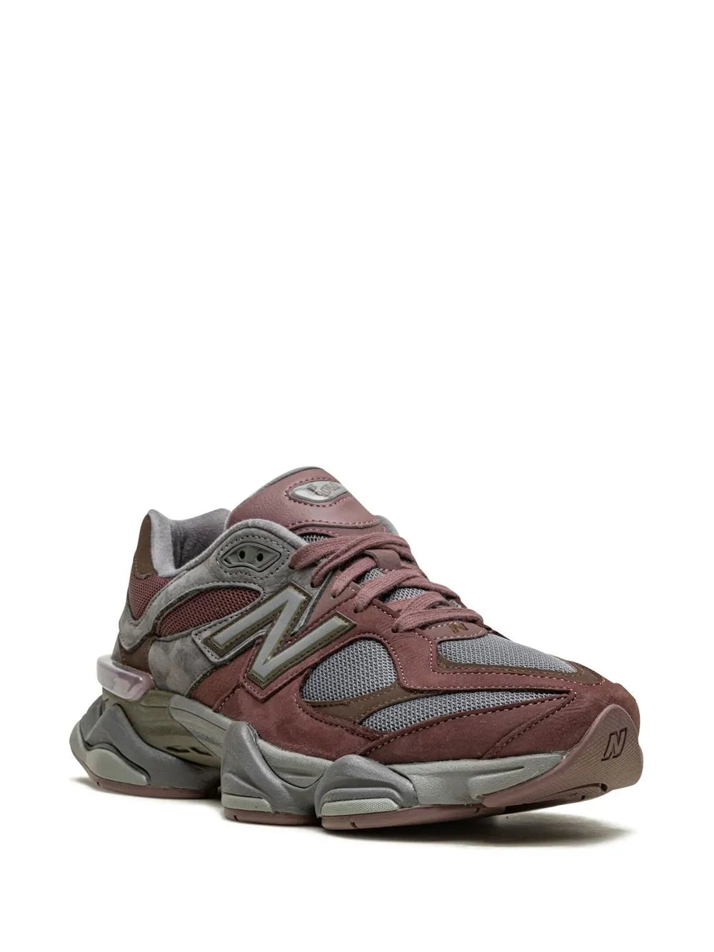 New Balance 9060 lace-up sneaker with N logo, maroon upper and gray overlays.