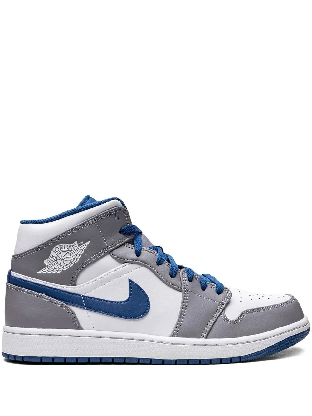Air Jordan 1 Mid sneakers, white leather with gray and blue accents