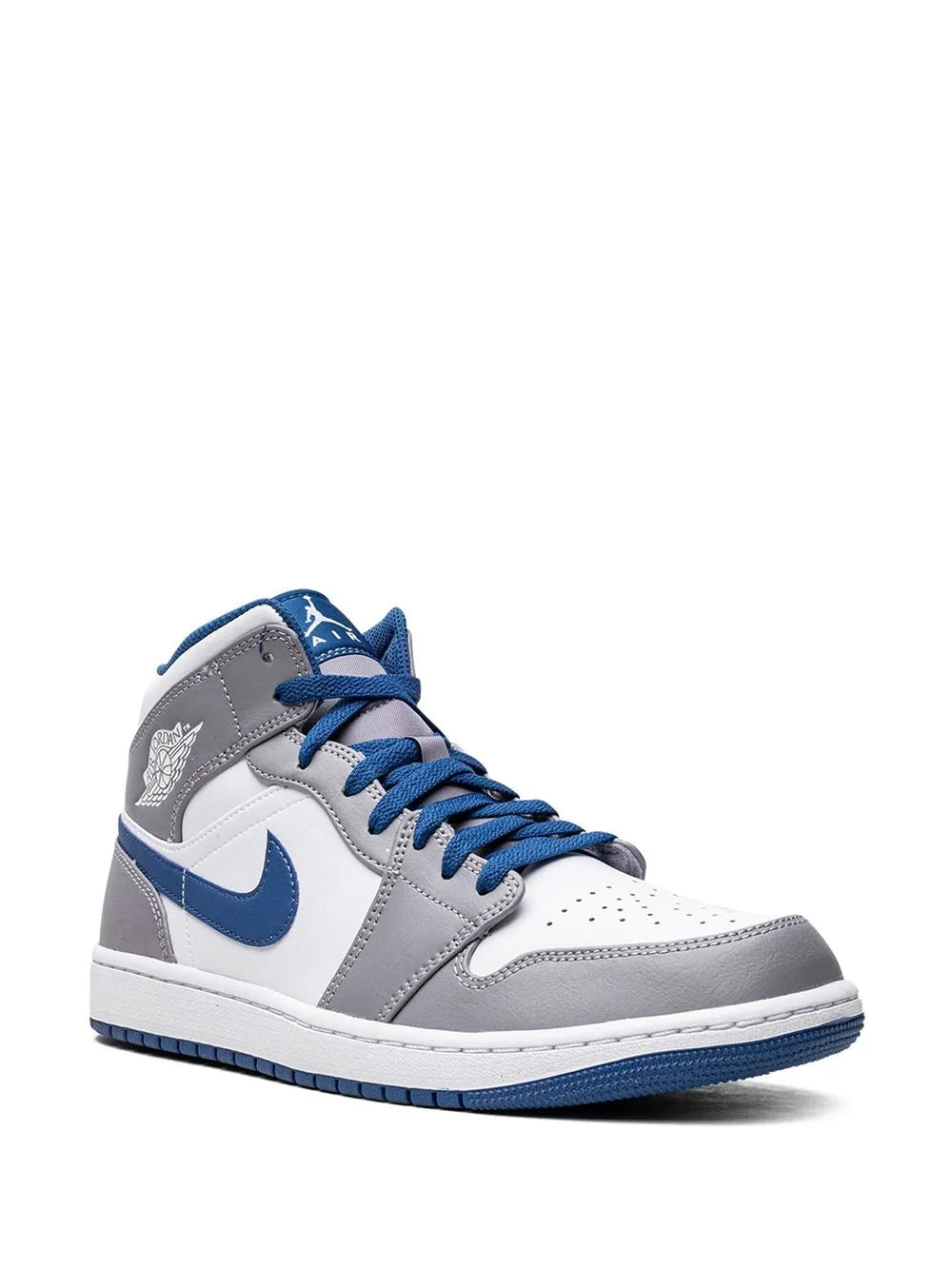 Mid-cut sneakers with white, gray, and blue panels and lace-up front