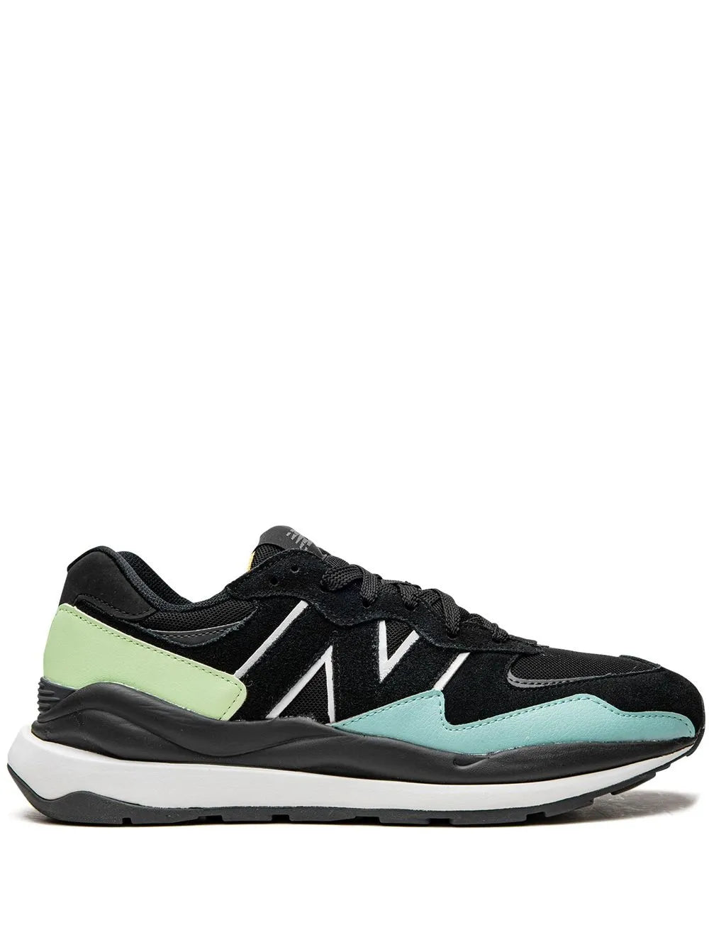Black running sneakers with teal and lime panels, lace-up