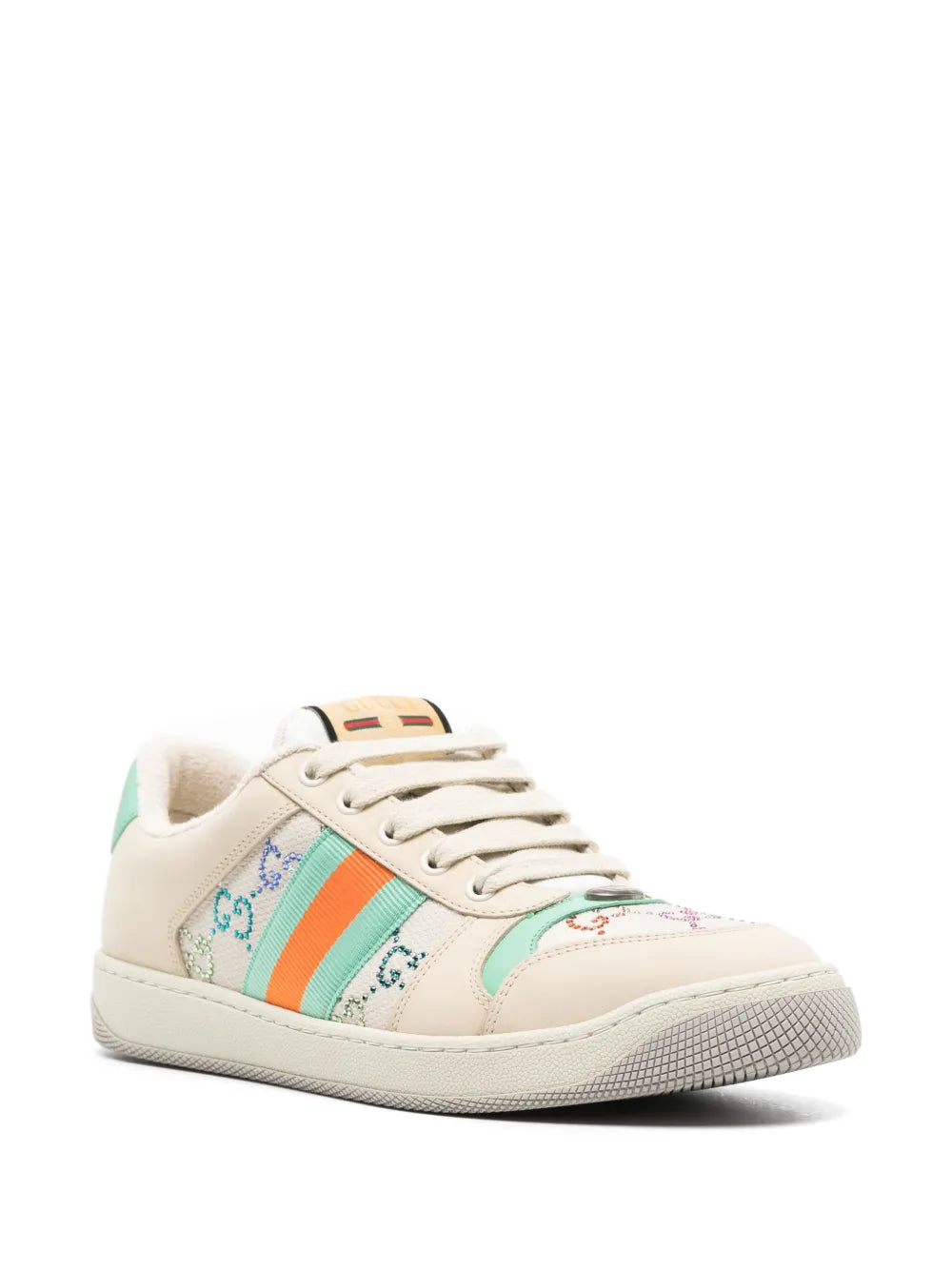 Gucci Screener beige sneaker, angled side view with rainbow stripe and laces