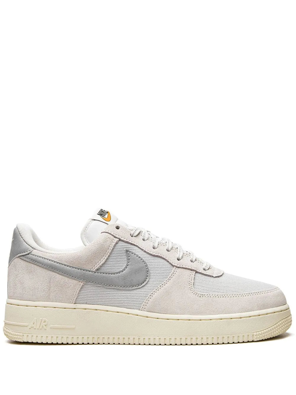Nike Air Force 1 low-top sneakers, white leather with gray swoosh and gum sole