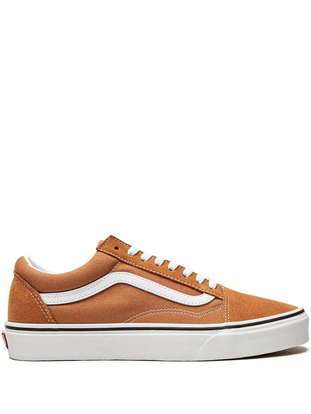 Brown Vans skate sneakers with white stripe, lace-up front, and white rubber sole