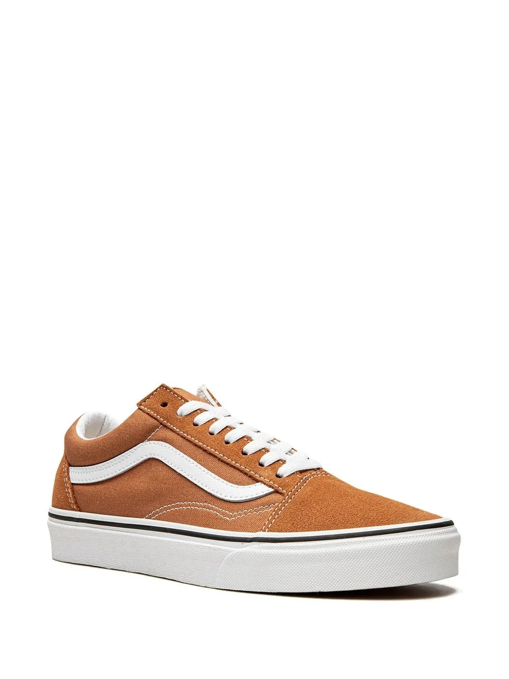 Brown suede Vans skate sneakers with white stripe, lace-up front, and low profile sole