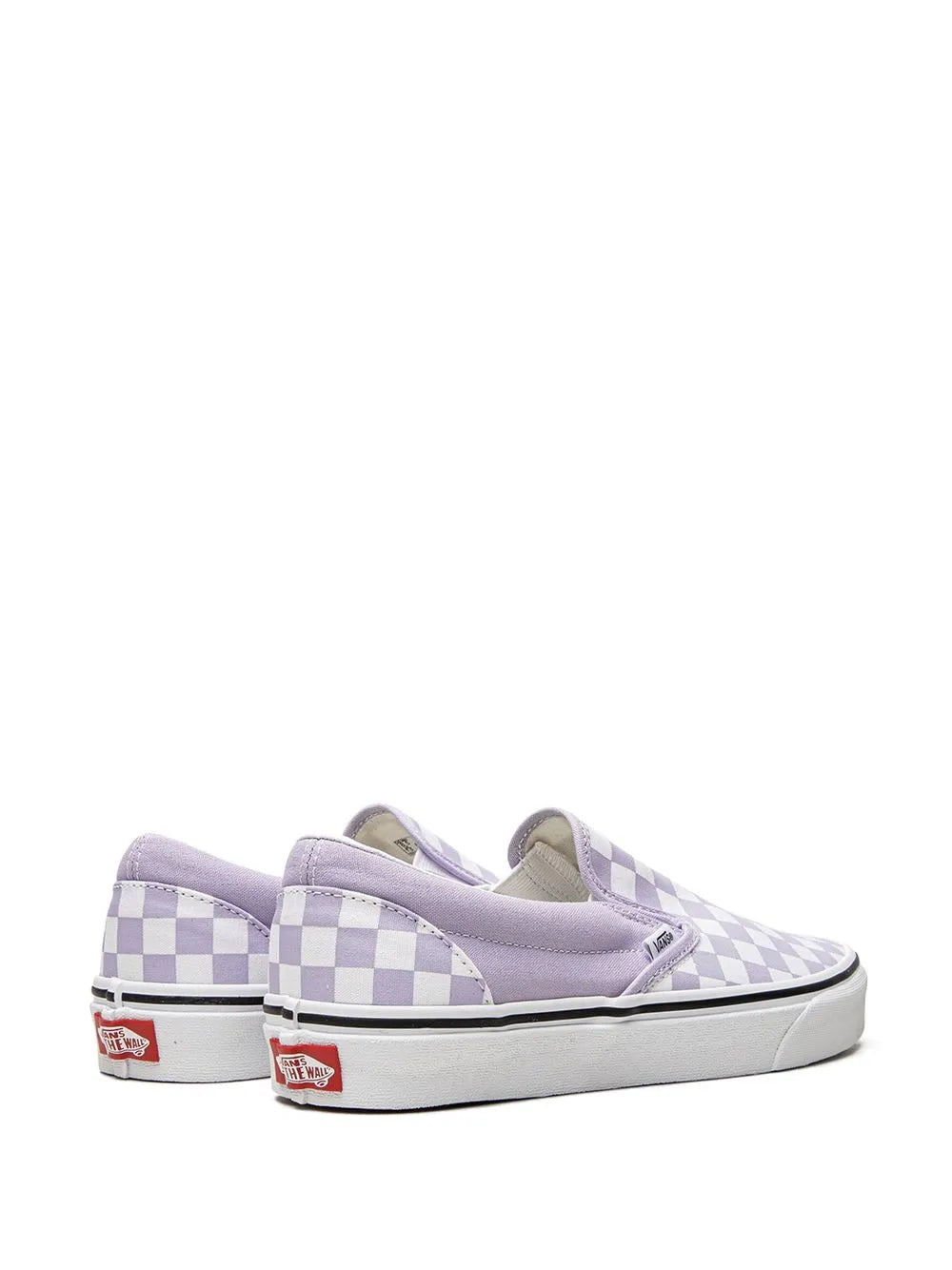 Vans slip-on sneakers with heel logo tabs, lavender checkered upper and white sole