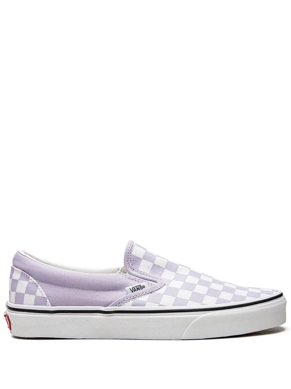Vans slip-on sneakers with lavender checkered canvas and white rubber sole