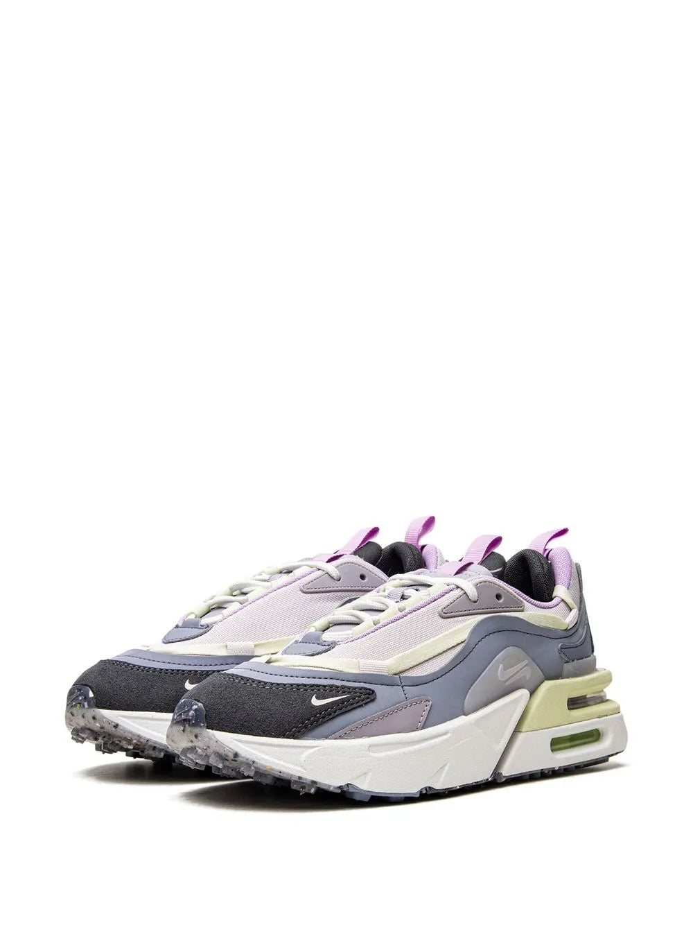 Light gray sneakers with purple heel, black side swoosh, and green air pods
