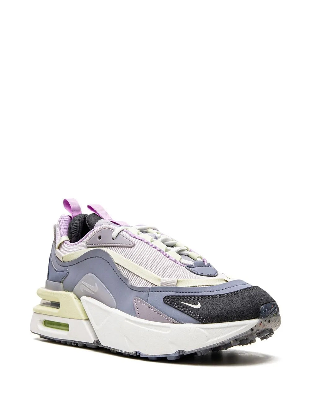Gray low-top sneakers with purple laces, black panel, and lime-green air units