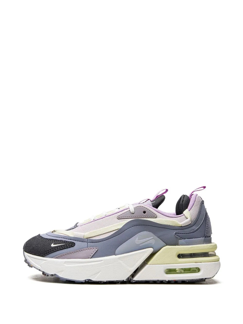 Gray and white sneakers with purple accents, Nike swoosh, and lime air unit sole