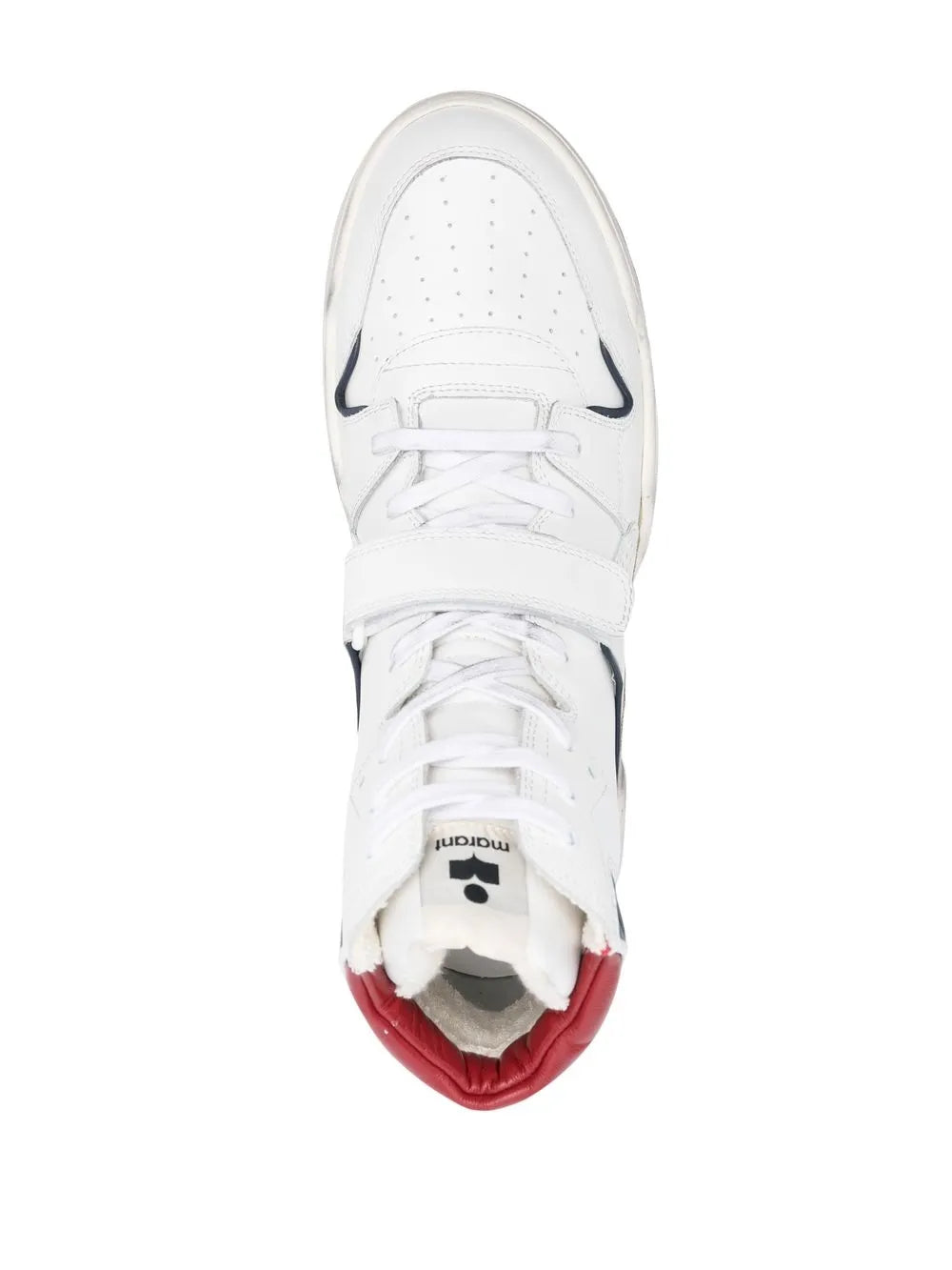White high-top leather sneaker top view with white laces and red inner lining