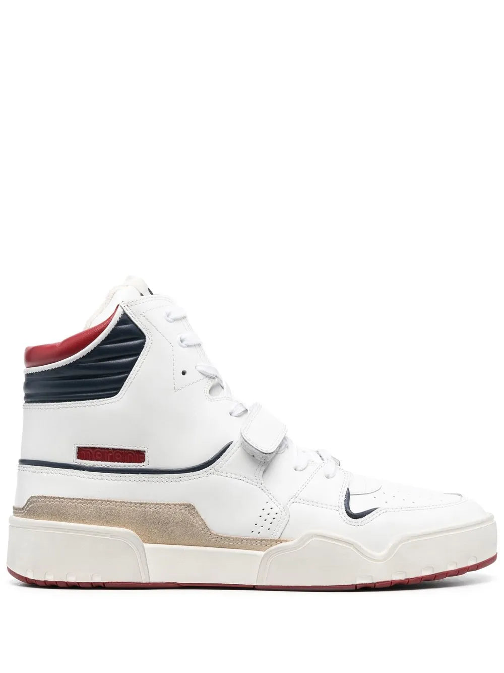White high-top leather sneaker with blue side panel, red heel trim and beige toe cap