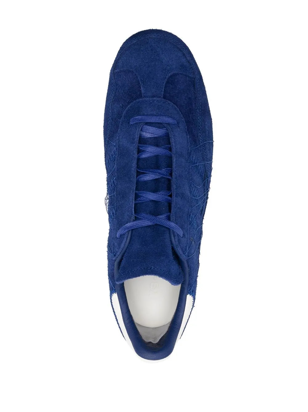 Blue suede low-top sneaker front view with lace-up and rounded toe