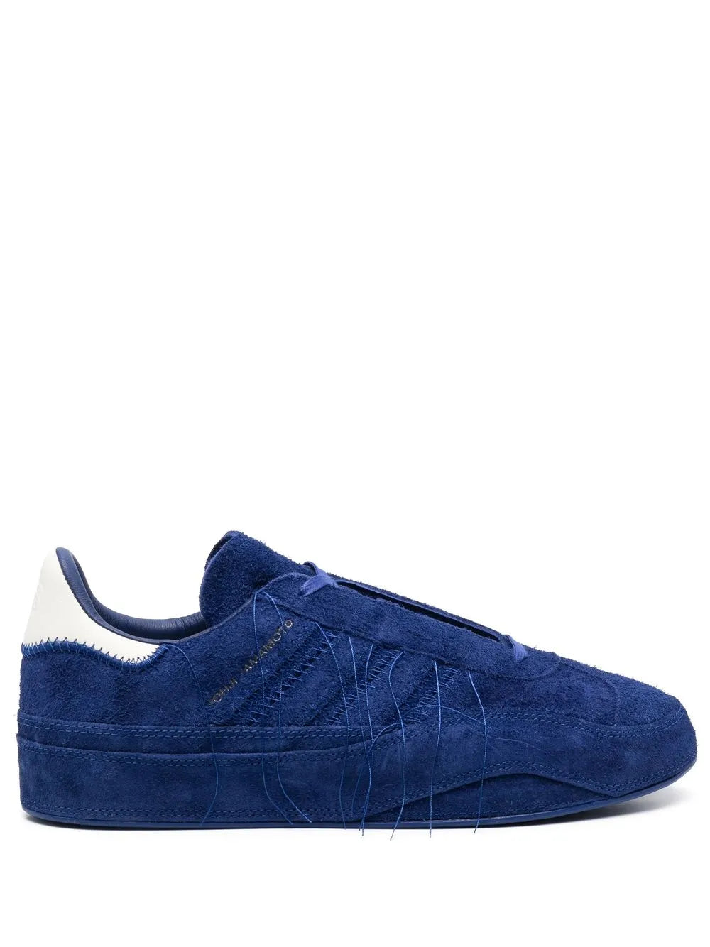 Blue suede low-top sneaker, lace-up with patterned panel detailing