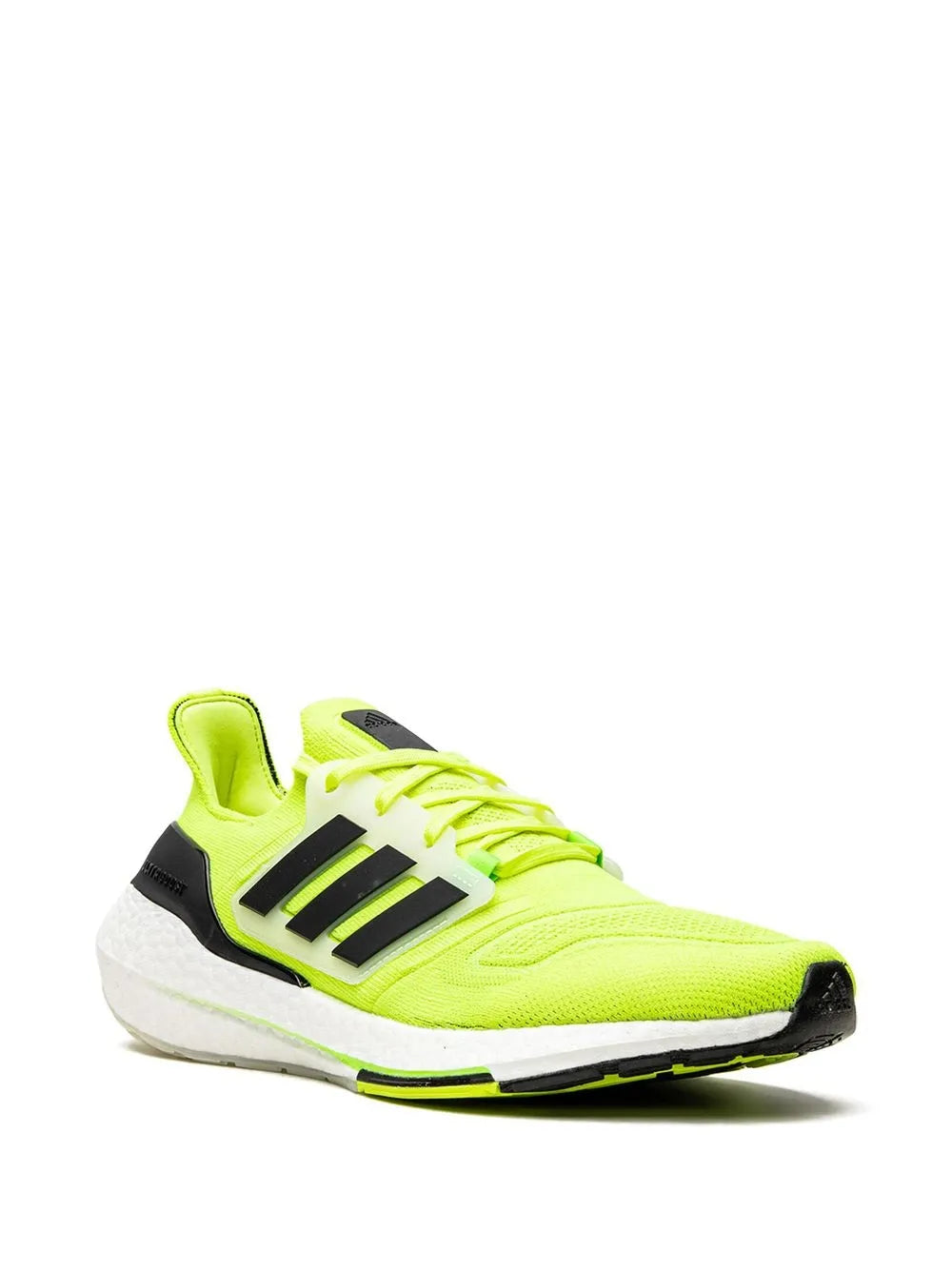 adidas running shoe, neon green knit upper with black 3-Stripes and lace-up