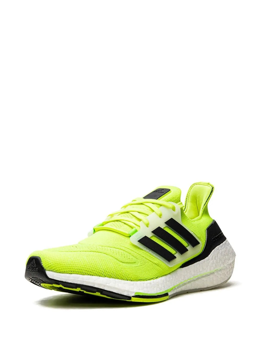 adidas running shoe in neon green with black 3-Stripes and white midsole