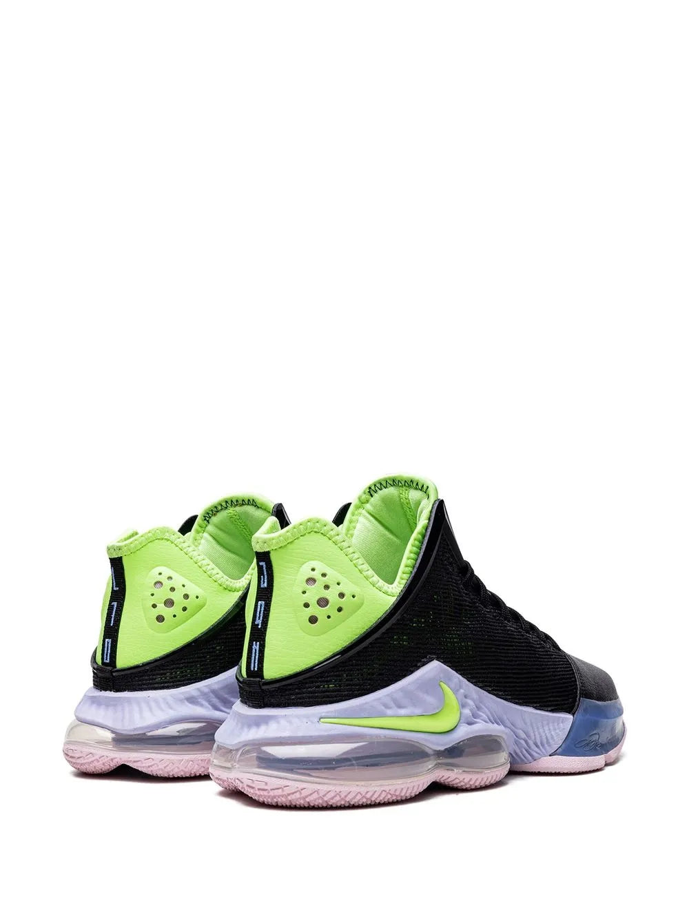 Low-top basketball shoe pair, neon green and black upper with purple translucent cushioning