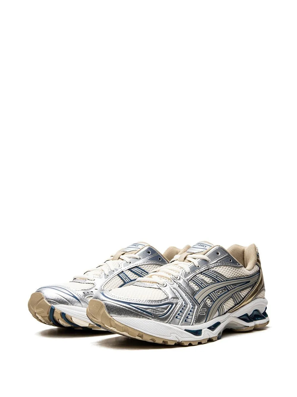 ASICS Gel-Kayano 14 running shoes, front and side view in off-white and silver-blue