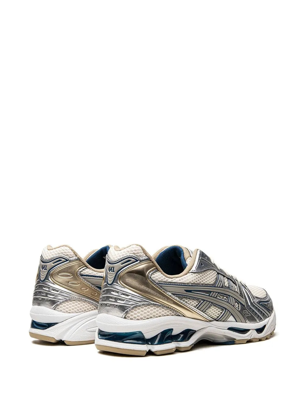 ASICS Gel-Kayano 14 running shoes, heel and side view with beige collar and teal sole