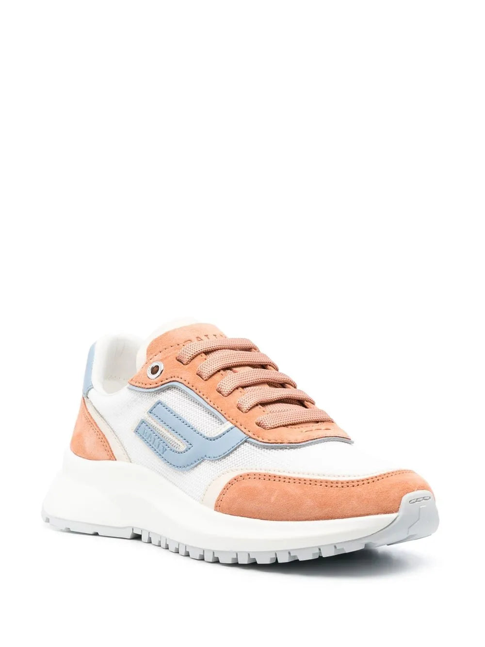 Bally color-block lace-up sneakers in peach, white, and light blue with lace-up front