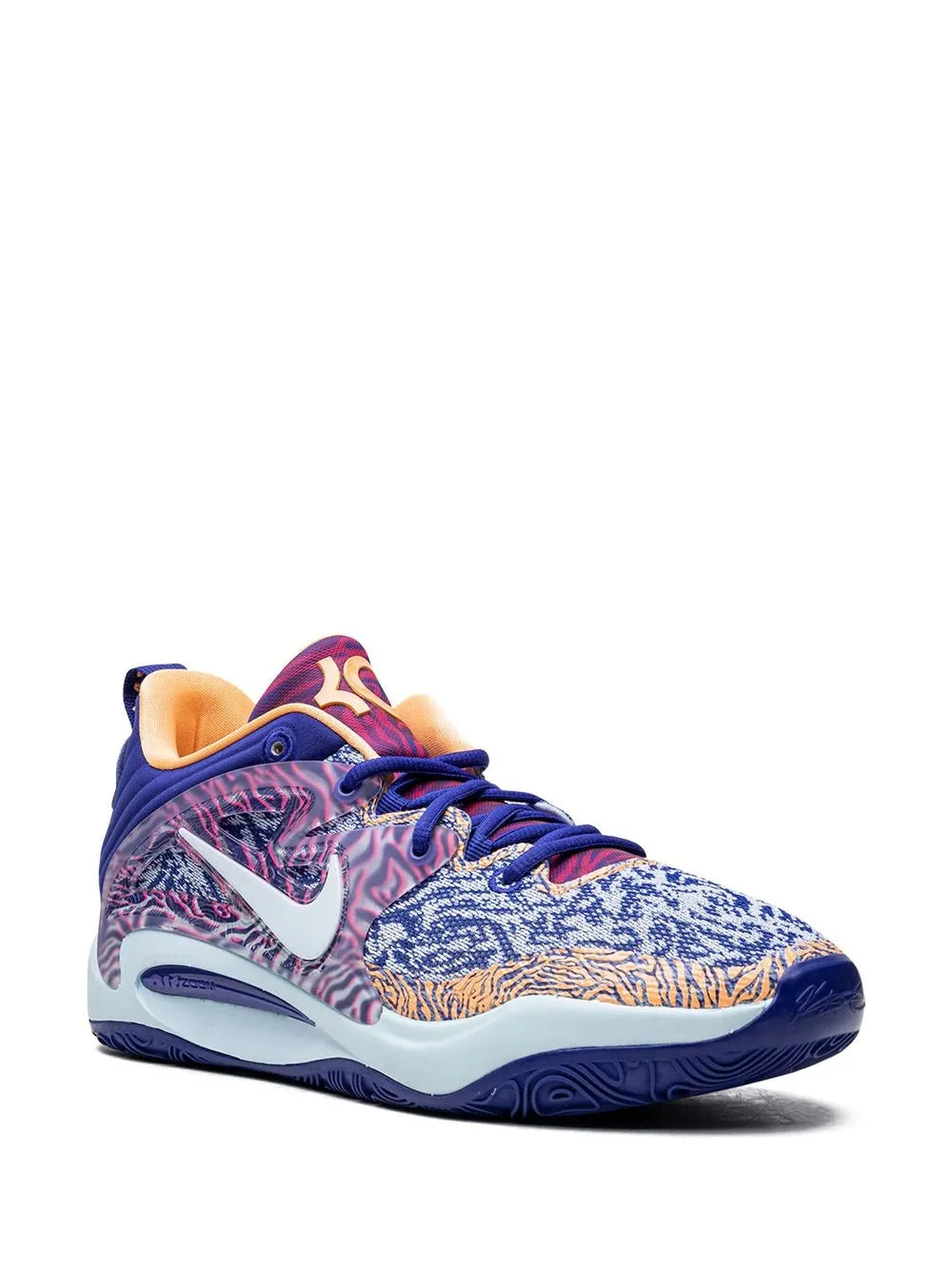 Nike KD 15 low-top basketball shoe with blue and orange patterned upper, white swoosh
