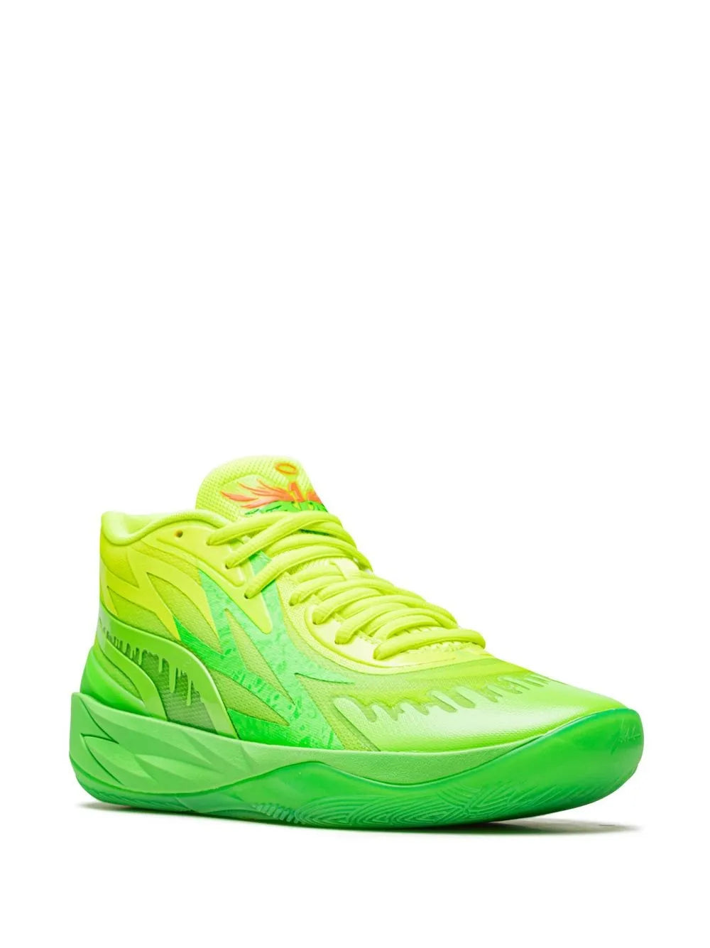 Neon green high-top basketball shoe, front quarter view with green laces