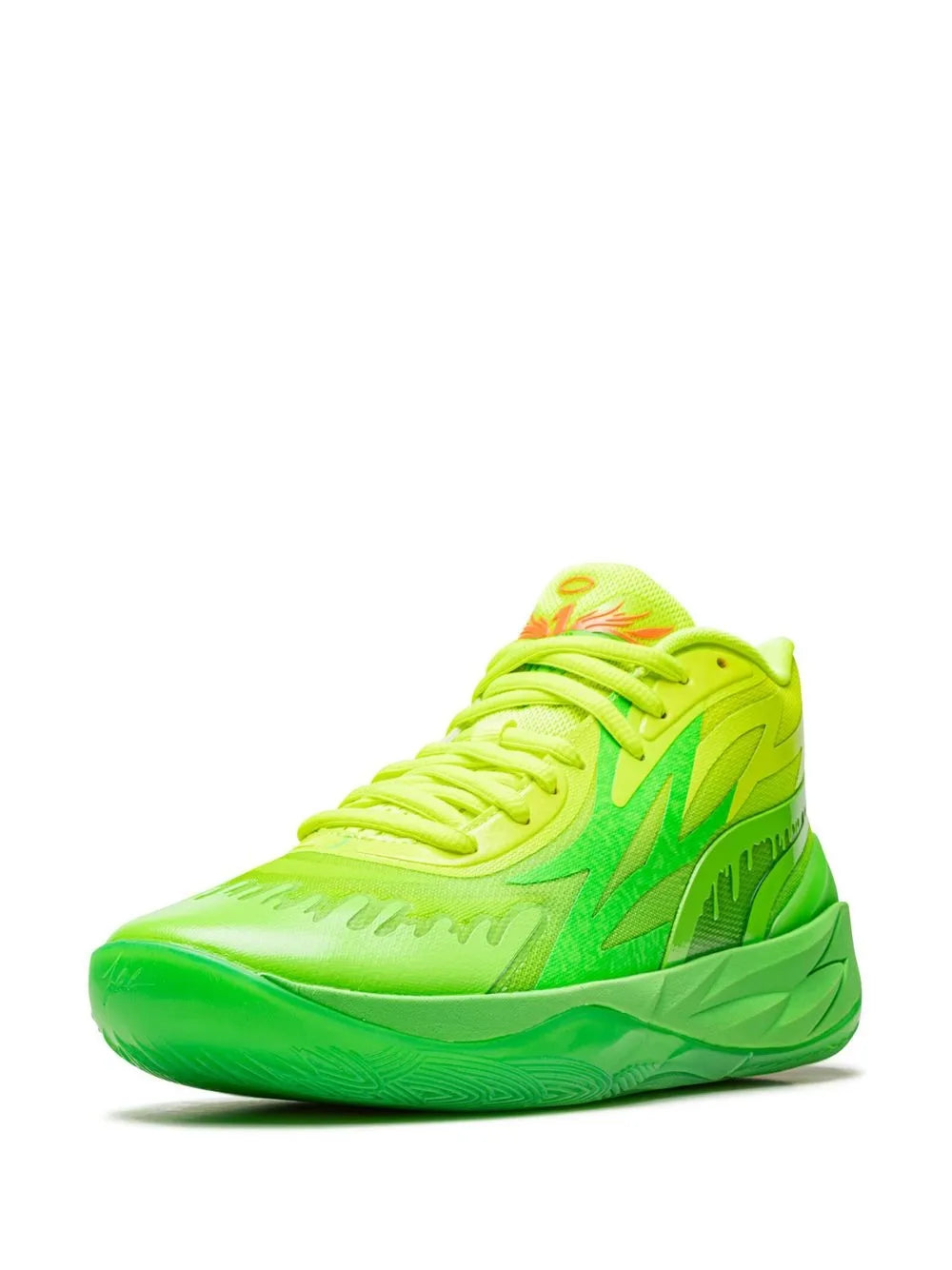 Neon green basketball shoe, angled side view with lime laces