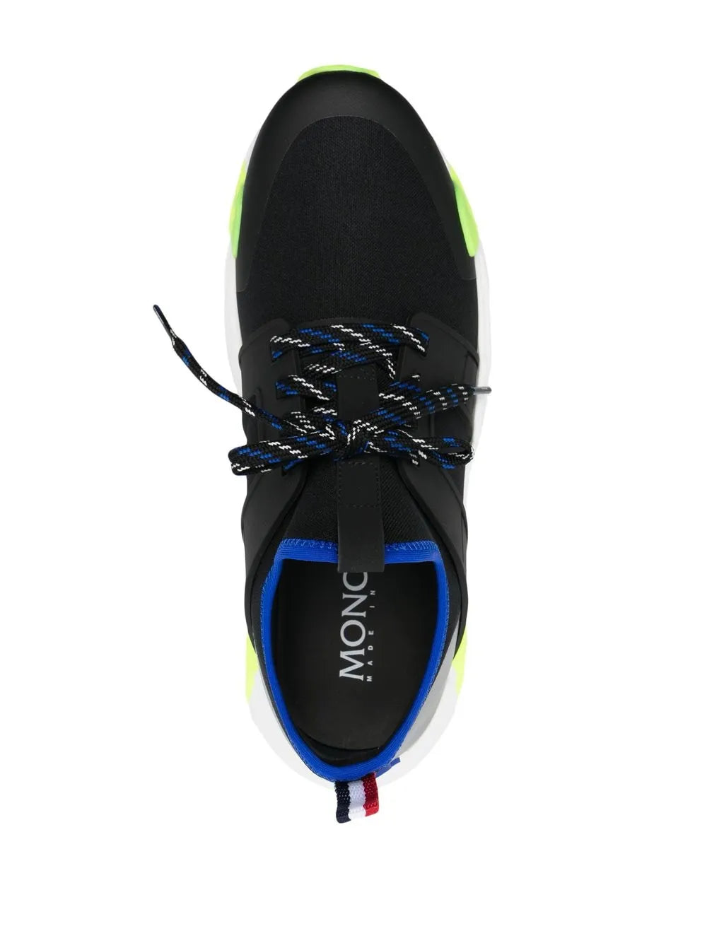 Black low-top sneaker top view with laces, blue insole lining, and Moncler logo