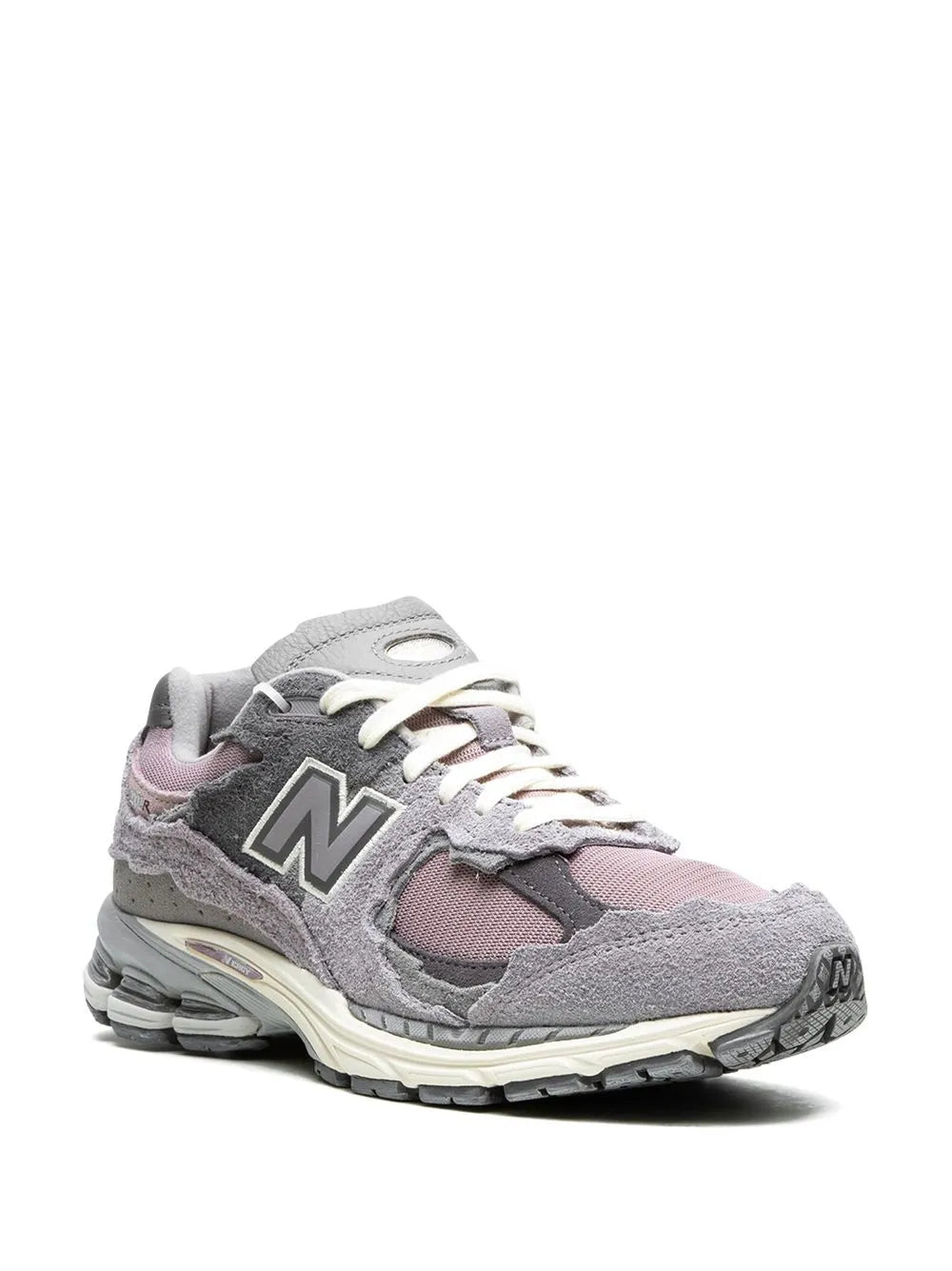 2002R sneakers: gray suede, lavender-pink overlays, white laces, N logo