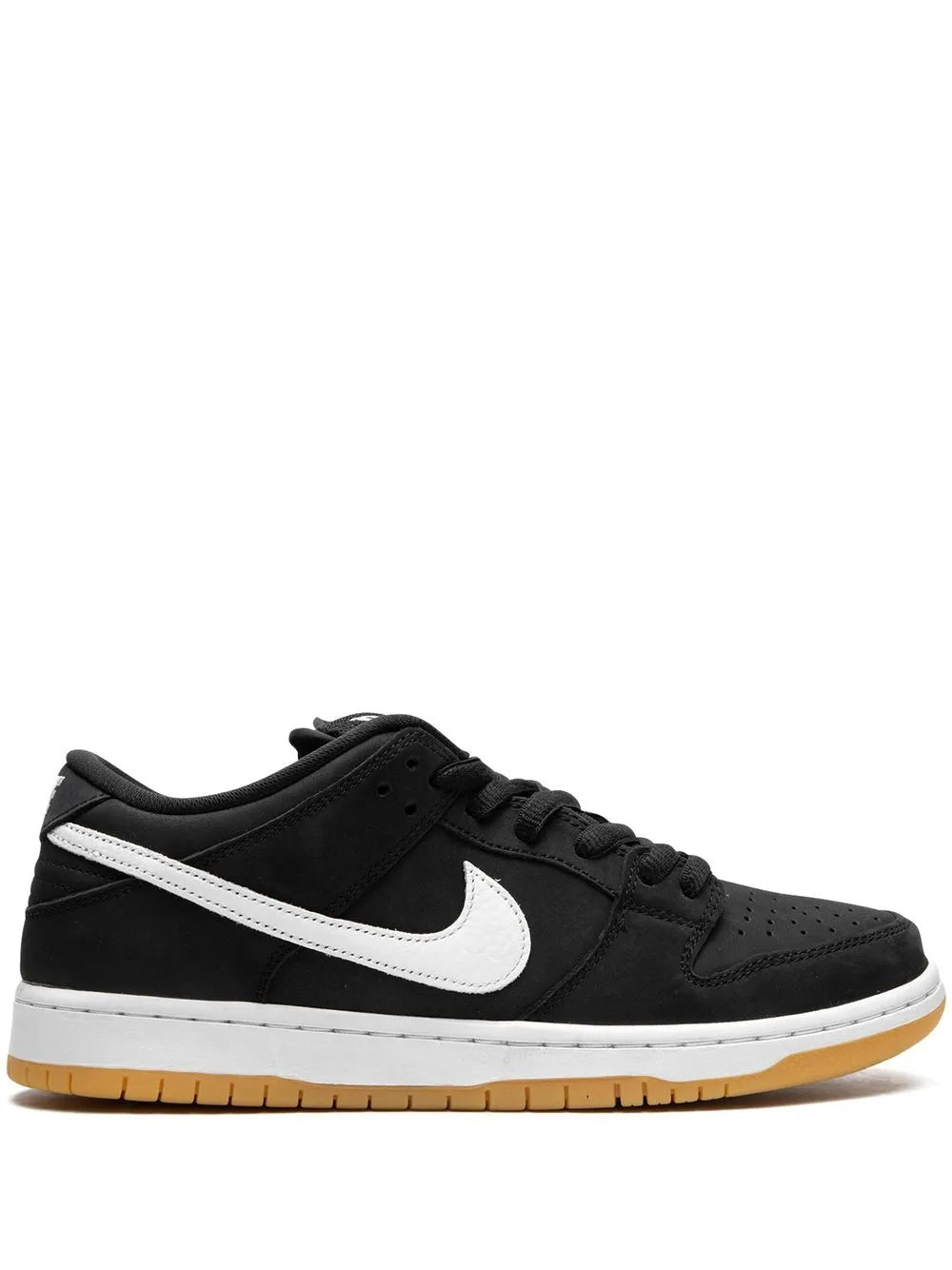 Black low-top skate shoes with white Nike swoosh and gum outsole