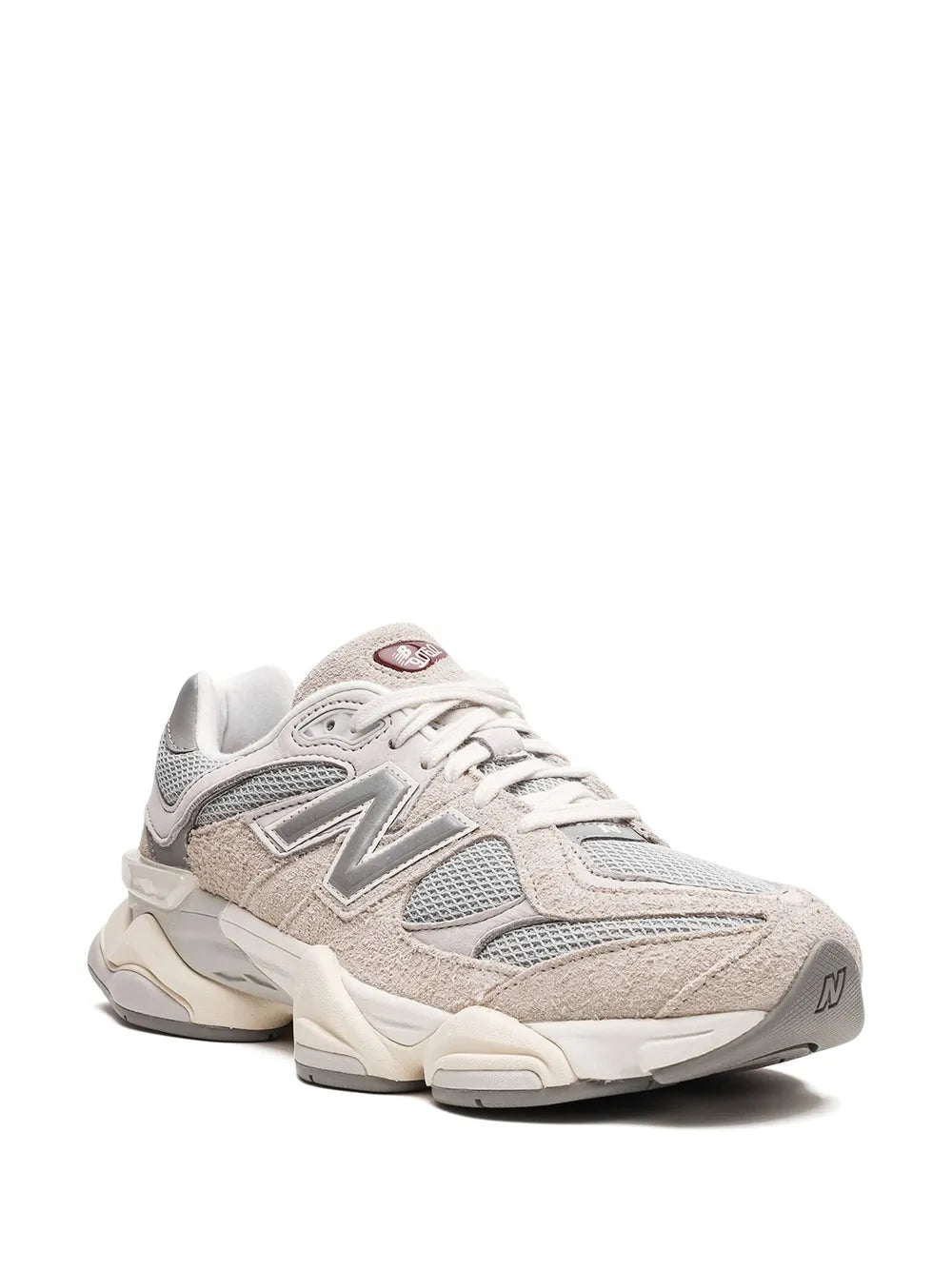 Light beige lace-up sneaker with gray mesh panels, N logo, and cushioned sole