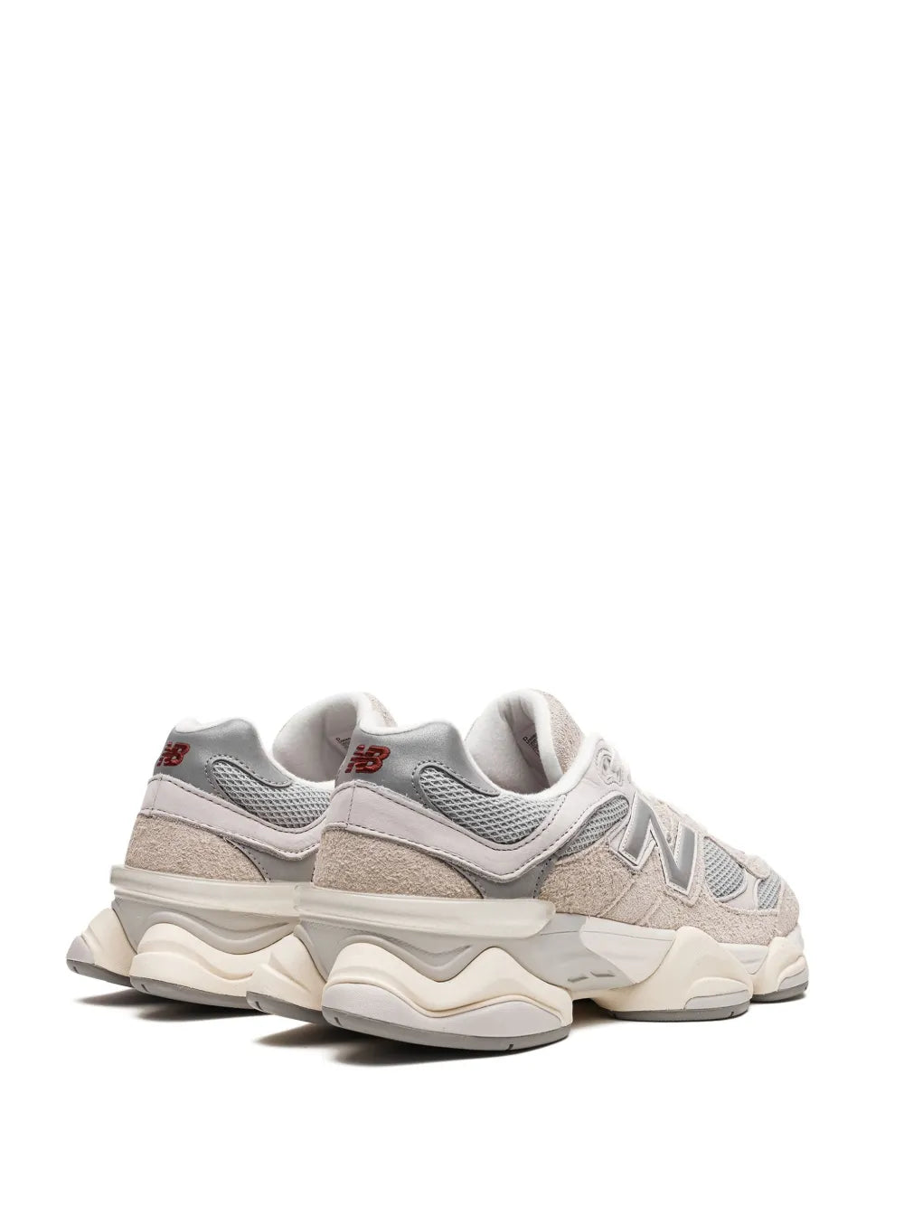 Beige and gray sneaker heel and side view with N logo and layered midsole