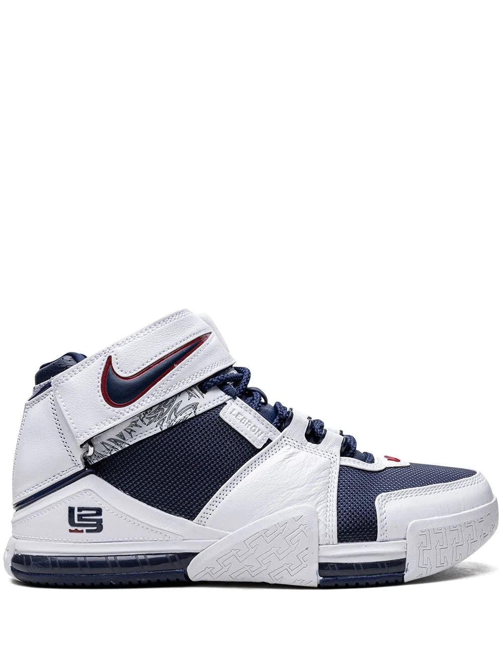 Nike LeBron Zoom 2 white/navy high-top basketball sneaker, lace-up with swoosh