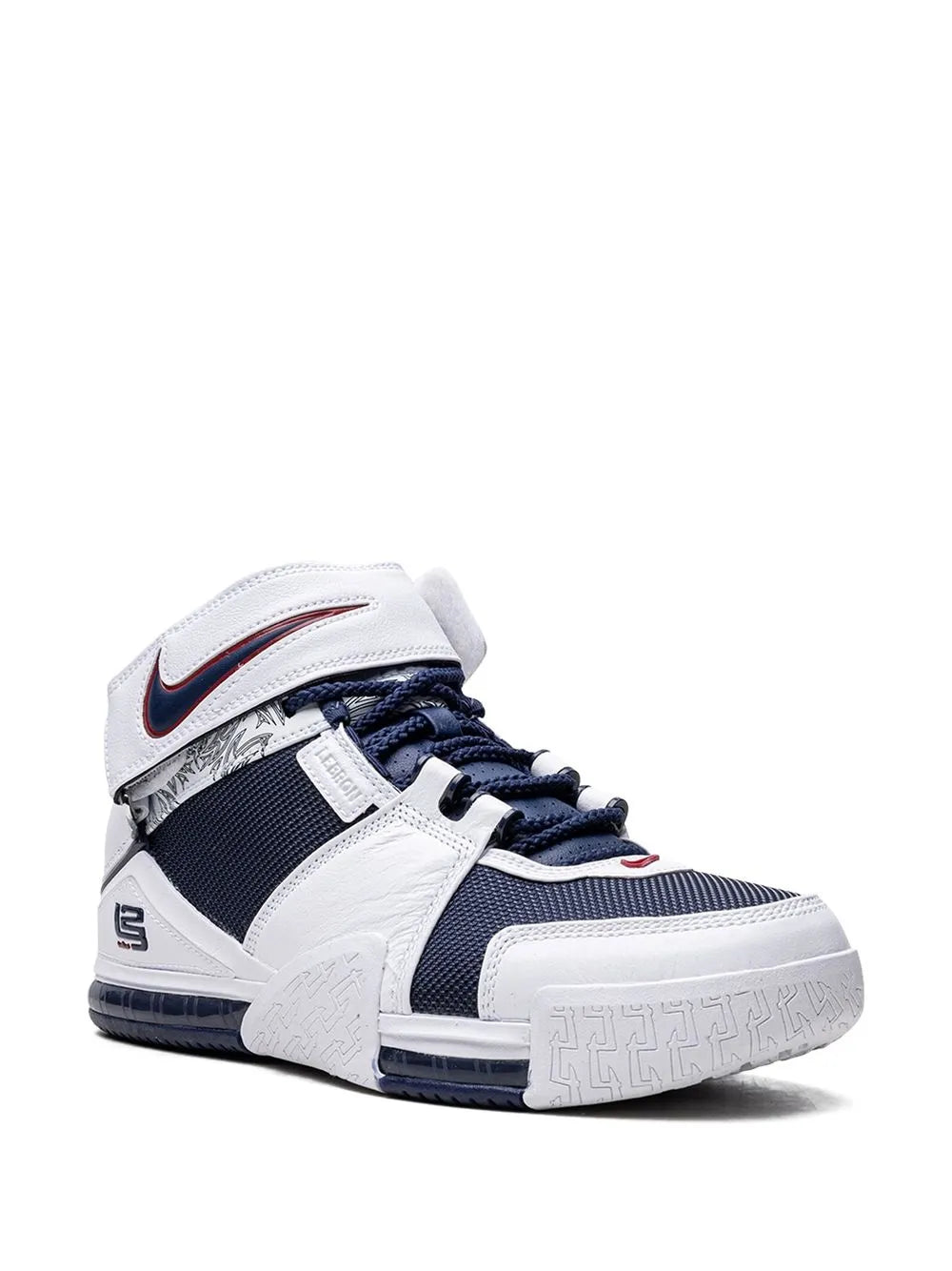Nike LeBron Zoom 2 white/navy high-top sneaker, side view with red swoosh
